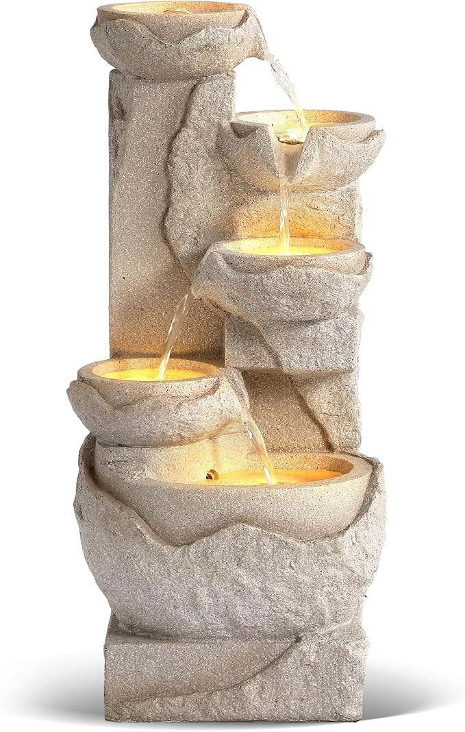 Grepatio Outdoor 5-Tiers Cascading Rock Water Fountain, Small Waterfall Fountain with 5 LED Lights, Beige Bowl Feature Fountains and Waterfalls for Garden or Patio, Yard, and Deck Decor