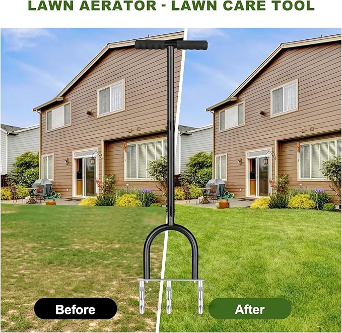 Manual Lawn Aerator Tool, Hollow Tines Plug Lawn Core Aerator, Heavy Duty Hand Soil Aerator Tool with Adjustable Handle, Grass Aeration Garden Tools for Lawn Care, Compacted Soil, Yard