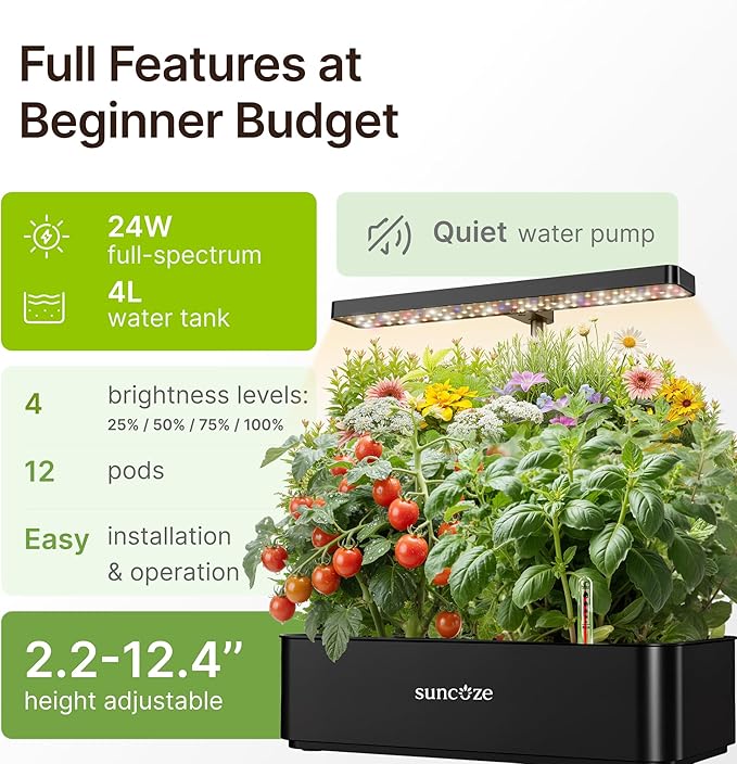SUNCOZE Hydroponics Growing System Kit 12 Pods, 24W LED Grow Light Indoor Garden, 4L Water Tank with Quiet Pump, Adjustable Height Herb Garden Planter Indoor Kit, Gardening Gifts, Black