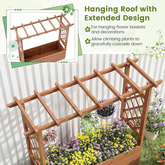 Giantex Raised Garden Bed with Sided Trellis & Roof, 45”x16”x41” Wood Elevated Planter Box, Freestanding Garden Planter Raised Bed for Flowers Herbs Climbing Vines,Brown,1