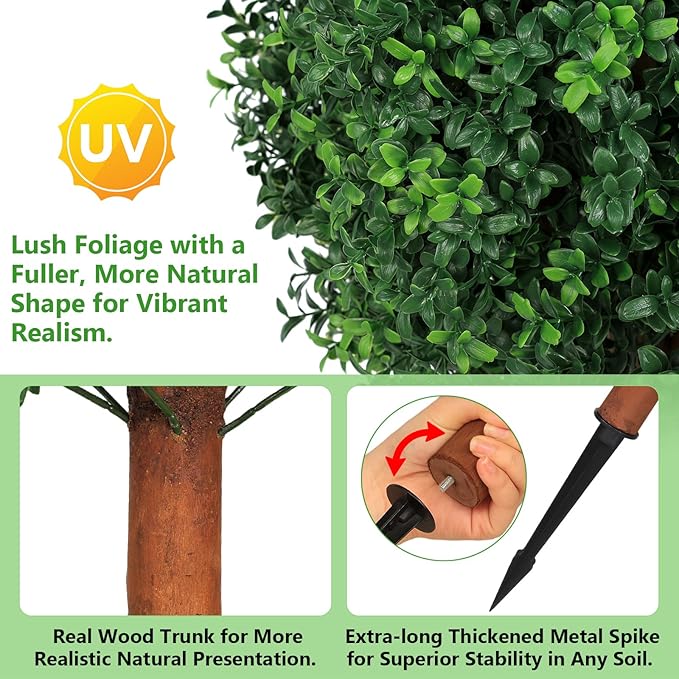 26 inch Height Artificial Boxwood Ball Bush with Ground Spikes, Set of 4 UV Resistant Faux Boxwood Ball Trees for Outdoors, Fake Evergreen Shrubs Bushes Plants for Garden Patio Front Door Balcony