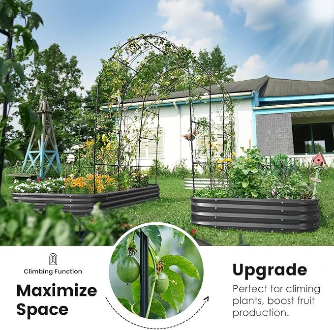 KING BIRD Raised Garden Bed with Arched Trellis Galvanized Planter Garden Box Outdoor for Gardening, Climbing Vegetables, Flowers 2PCS 7.87x3.94x0.98 Ft, Dark Grey