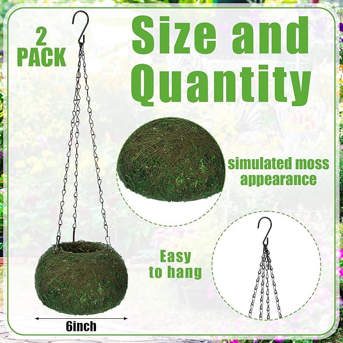2 Pack 6 Inch Kokedama Moss Ball Planter Orchid Pots Hanging Orchid Planter Basket Moss Ball Hanging Baskets for Plants Outdoor Woven Plant Holder for Indoor Home Garden Balcony Decor