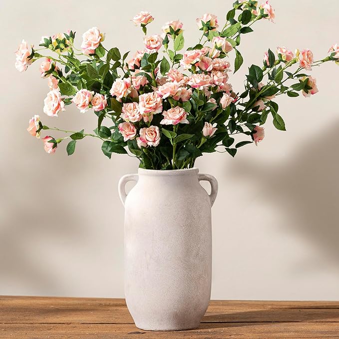 Large Flower Vase Home Decor - 12 inch Tall Ceramic Farmhouse White Rustic Table Vases with Handle Living Room Decoration Decorative Modern for Fireplace Kitchen