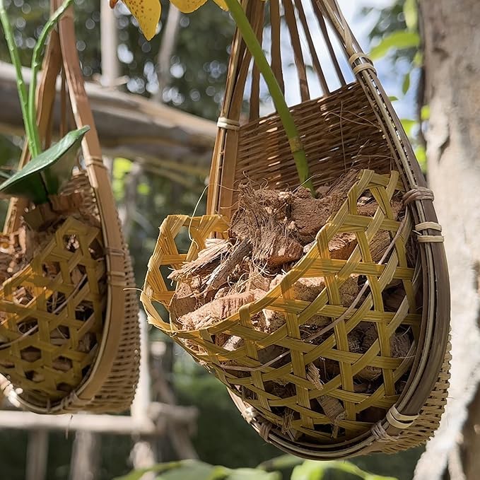 Handmade 100% Thai Bamboo Hanging Orchid Basket – 4 Inch Set of 3 for Mom & Spring Seasonal Decoration