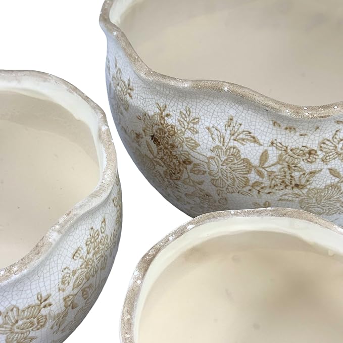 Galt International Ceramic Plant Pots Set of 3 Rustic Vintage Farmhouse Cream Crackle Glaze (11"/ 9.6"/ 7") Garden Indoor Outdoor Flower Planter w/Drainage Hole (Vintage Brown)