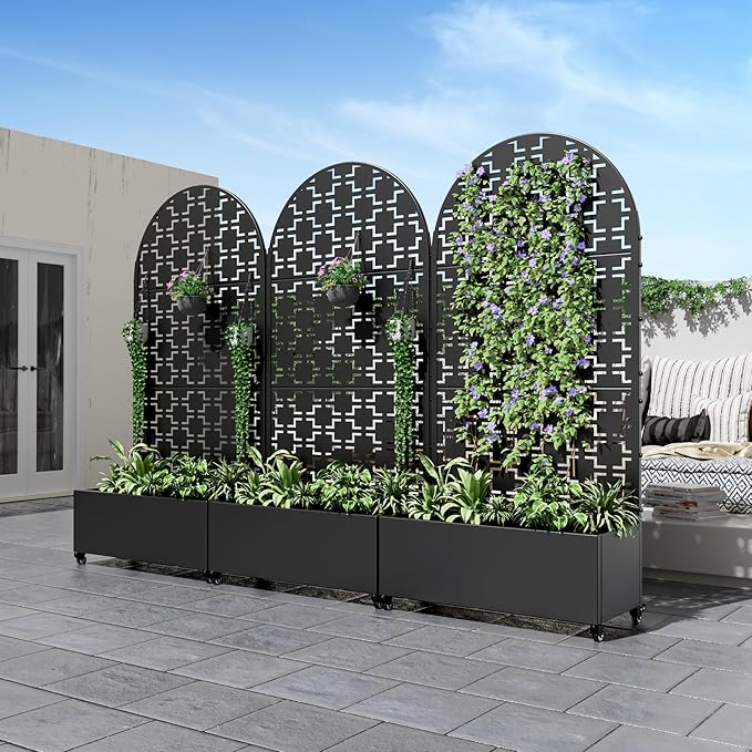 Casaphoria Metal Raised Garden Bed with Trellis and Wheels, 72"x35"x16" Arched Planter Box for Climbing Plants, Vegetables & Vines, Features Drainage Holes and Privacy Screen (Black-Square)