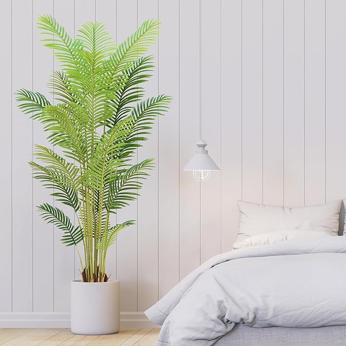7FT Artificial Palm Tree Indoor with White Pot, Realistic Leaves, 18 Trunks Adjustable Branches, Tall Faux Fake Palm Plant, Ideal for Living Room Bedroom Office Home Interior Aesthetic Decor