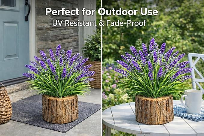 Artificial Flowers for Outdoors, 8 Bundles Faux Silk Spring Flowers for Outside for Planter Front Door Porch Yard Patio Window Box Home Decor (8pcs-Purple)