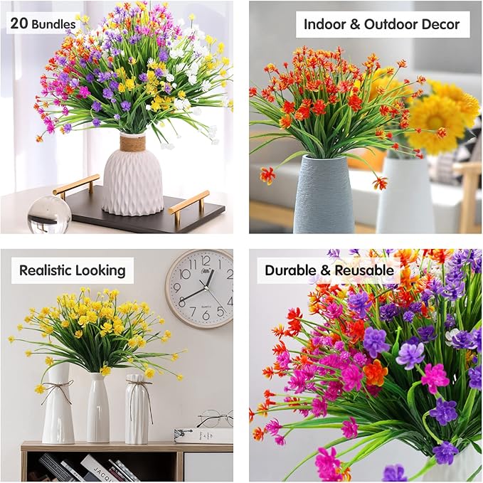 20 Bundles Artificial Fake Flowers, UV Resistant Faux Flowers Arrangement, Fake Plants Greenery Shrubs for Indoor Outdoors, Home Garden Patio, Porch, Hanging Planter, Window Box Farmhouse (5 Colors)