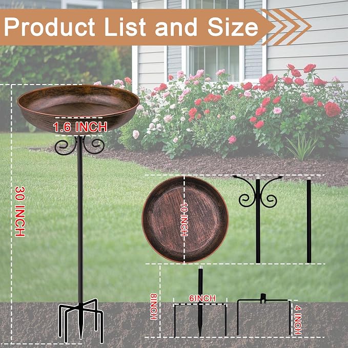 Small Metal Bird Bath for Outdoors, 10" Dia Bowl with Stake Birdbaths Garden Yard Lawn Decor 0.4 Gallon (Pack of 2)