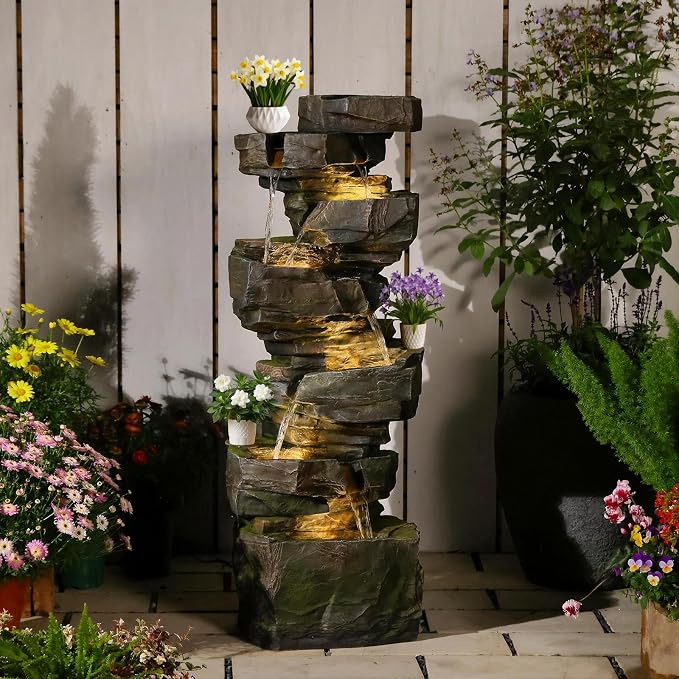 Sunlinua 48.6" H Outdoor Water Fountain with 6 Tiers Large Cascading Realistic Rock Waterfall Fountains with LED Lights Outdoor Water Fountain for Garden Patio Backyard Porch Home Decor