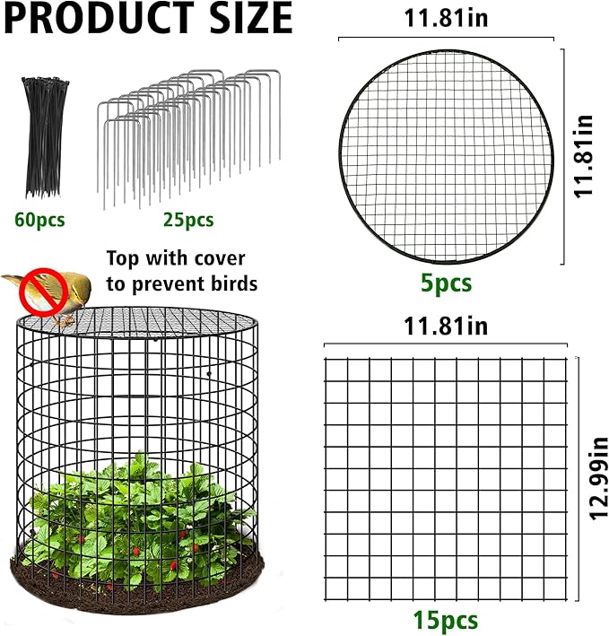 Hi Sasara 5 Sets Wire Plant Protectors Cage with Staples,11.8" Dia x 11.8" H,Plant Protector with Round Lids to Keep Animals Out,Wire Plant Protector Cage for Plants Vegetables Flower