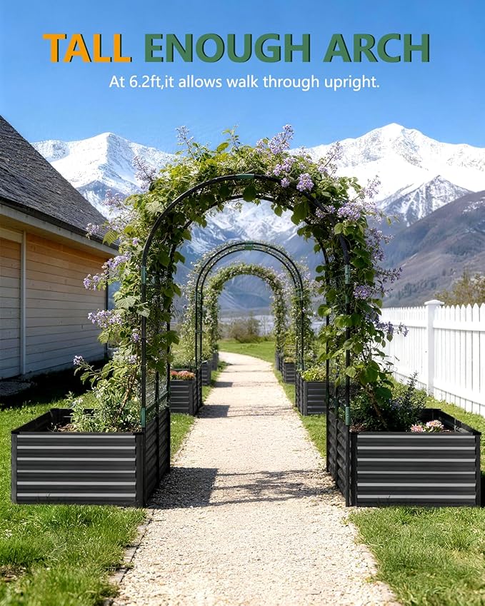 FOOWIN Raised Garden Bed with Arch Trellis for Climbing Plants,Galvanized Raised Garden Bed,Planter Boxes Outdoor for Vegetables Flowers Herb,478 Gallon Capacity Black