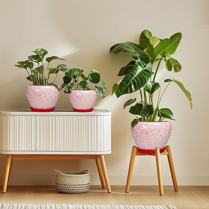 Ceramic Plant Pots - 6 Inch Pots for Plants Indoor Outdoor, Modern Planter with Drainage Hole and Tray, Round Decorative Flower Pot, Home Office Decor, House Warming Gifts, Crackle Red