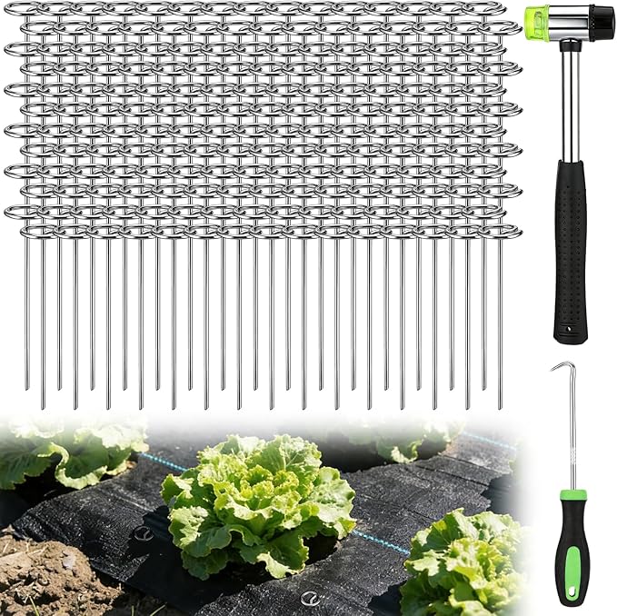 6 Inch Landscape Staples with Hook & Hammer - 200pcs Circle Top Weed Barrier Stakes Kit, 9 Gauge Galvanized Rust-Resistant Garden Fabric Pins, for SOD, Garden Edging, Install & Remove Tools Included
