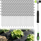 6 Inch Landscape Staples with Hook & Hammer - 200pcs Circle Top Weed Barrier Stakes Kit, 9 Gauge Galvanized Rust-Resistant Garden Fabric Pins, for SOD, Garden Edging, Install & Remove Tools Included