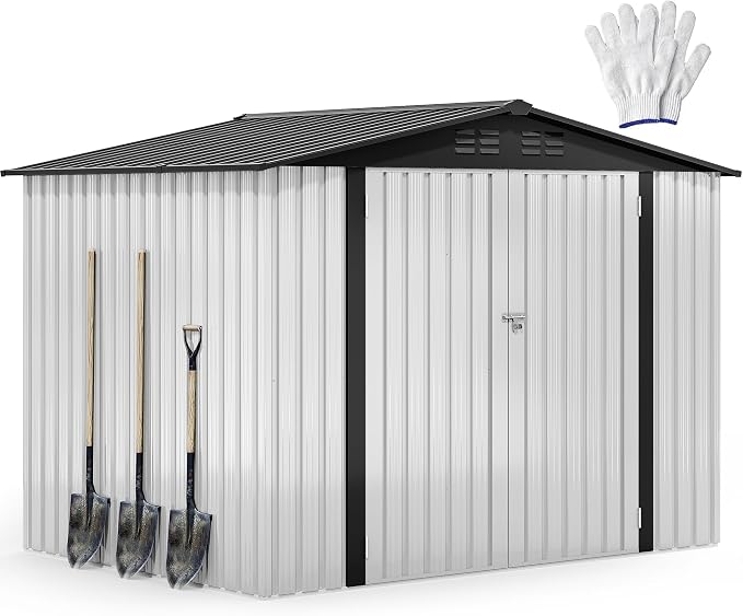 DWVO 7x5ft Metal Outdoor Storage Shed, Waterproof Tool Shed Heavy-Duty Storage Unit with Lockable Door and Vents, Ideal for Bicycles, Tools, Lawnmowers, Backyards, Patios, Lawns - White