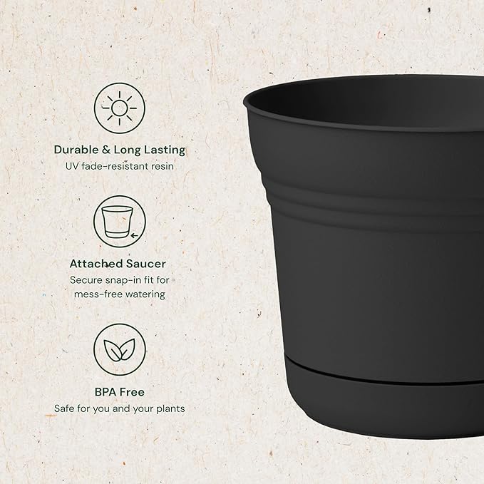 Bloem Saturn 14" Black Round Resin Planter Pot with Snap-in Saucer for Indoor and Outdoor Gardening