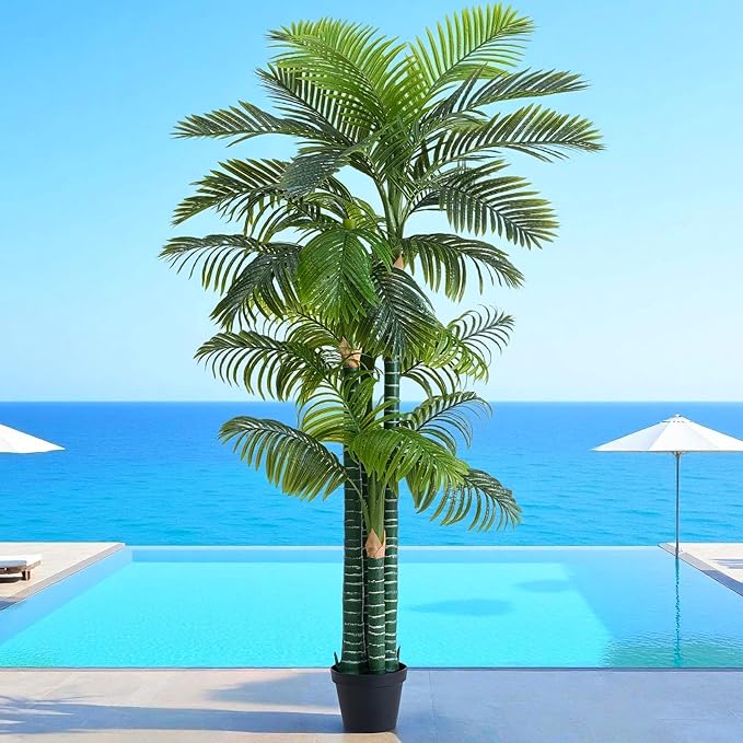 8.5FT Tall Golden Cane Palm Tree with 4 Trunks (1 Pack), Extra Lush Large Faux Plants, UV Resistant Indoor/Outdoor Fake Plant in Black Base Pot - Realistic Tropical Decor for Patio, Home, Office