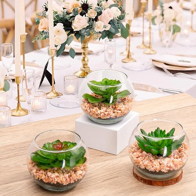 Briful Mini Fake Plants 3 Packs Artificial Succulents Plants in Round Glass Vase Cute Faux Succulents for Bathroom Kitchens Shelf Table Decor