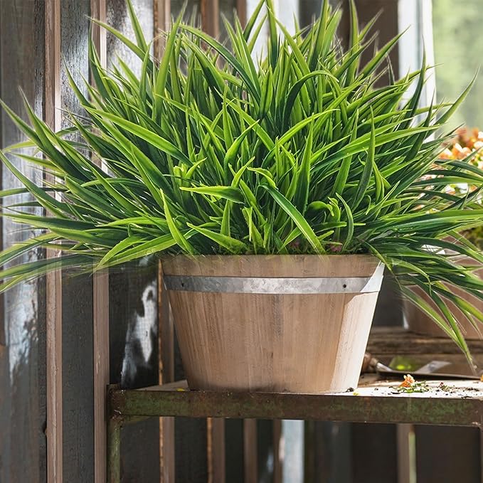 12 Bundles Artificial Outdoor Plants UV Resistant Fake Grass Plants Faux Plastic Greenery Shrubs for Home Garden Pathway Window Box Front Porch Spring Summer Decor, Green
