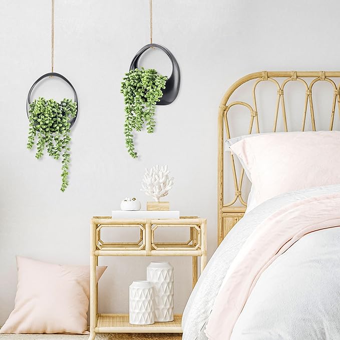 Der Rose 2 Pack Small Fake Hanging Plants with Strings Artificial Succulent Plants Indoor for Black Bathroom Boho Wall Decor