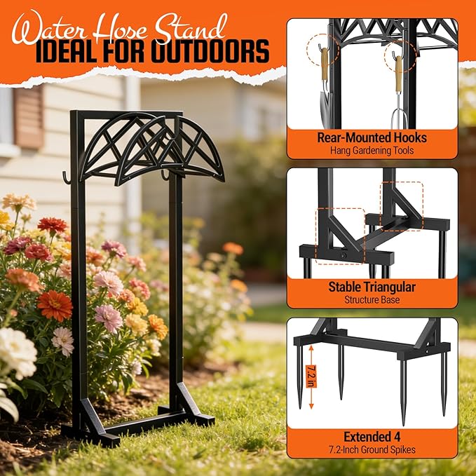 2 Pack Garden Hose Holder, Heavy-Duty Metal Stand with Stable Base & 2 Tool Hooks, Freestanding Storage Rack for Outside, Holds 150ft – Hose Holders for Yard & Lawn