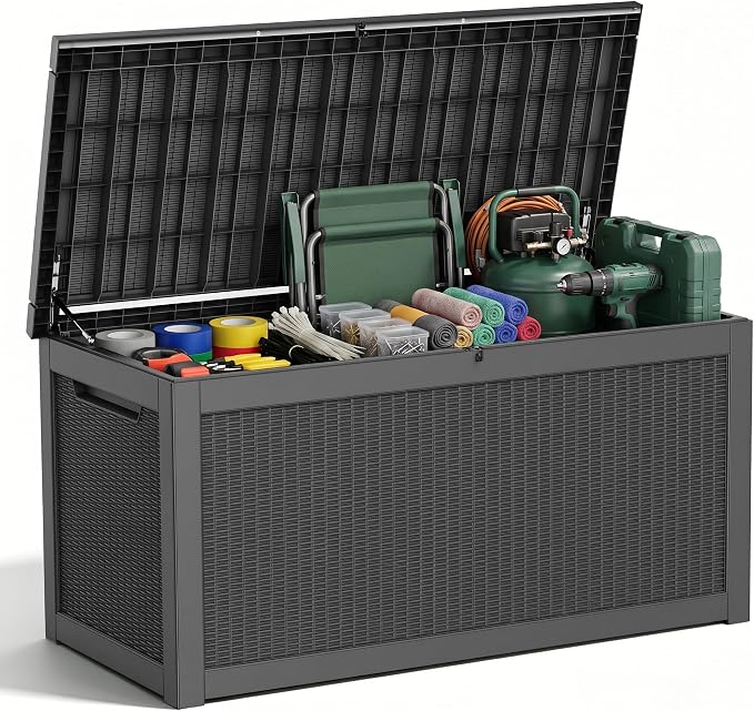 320 Gallon Outdoor Deck Box, Lockable Waterproof Outdoor Storage Boxes For Garden Tools,Indoor Cushions,Accessories Outside Storage Resin Weatherproof Container(Black)