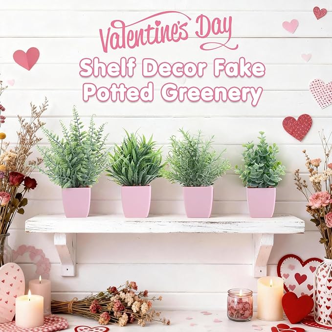 summer flower 4 Pack Small Fake Plants in Pink Pot Artificial Plant Indoor Eucalyptus Wheat Grass Ferns Rosemary Faux Greenery for Room Decor Home Office Desk Bathroom Kitchen Living Room Decorations