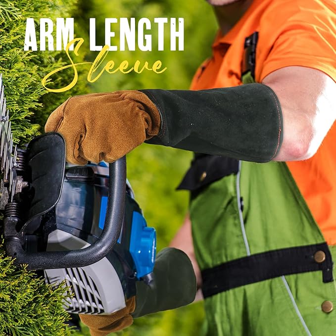 HANDLANDY Leather Gardening Gloves for Men & Women, Rose Pruning Thorn Proof Garden Glove, Long Sleeve Gauntlet Gloves (Caramel Brown, Large)