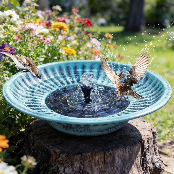12.3" Solar Fountain Bird Bath for Outside, Metal Solar Bird Bath Fountains, Bird Bath Bubbler for Garden Patio Decor-Blue