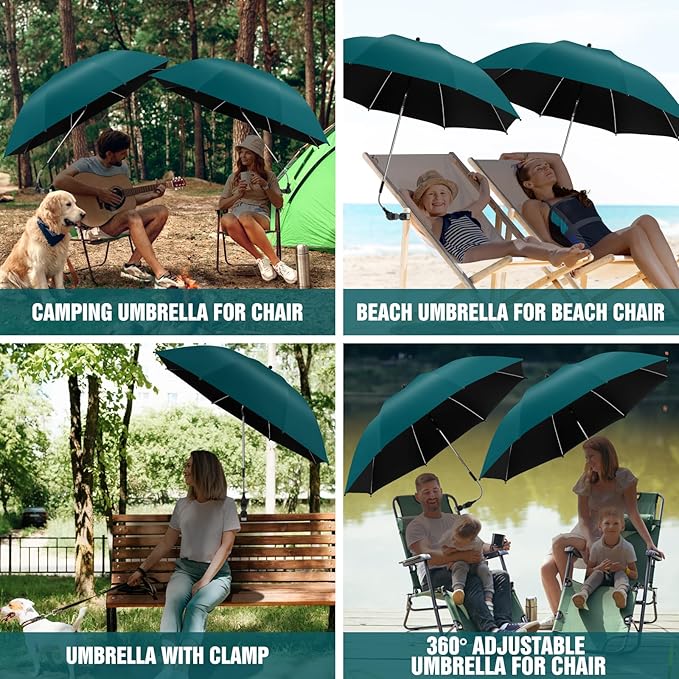 2 PACK Beach Umbrella with Clamp, 360 ° Adjustable Umbrellas for Chair, UPF50+ Umbrella for Beach Chair, Patio Chair, Wheelchair, Camping Chair, Golf Carts (Chair Not Included)
