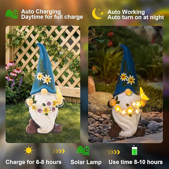 DKJOCKY Gnome Garden Decor Statue with Solar Light Lantern, Funny Waterproof Resin Figurine Outdoor Decorations for Yard Patio Lawn Balcony Porch, Birthday Gifts for Women Mom Grandma