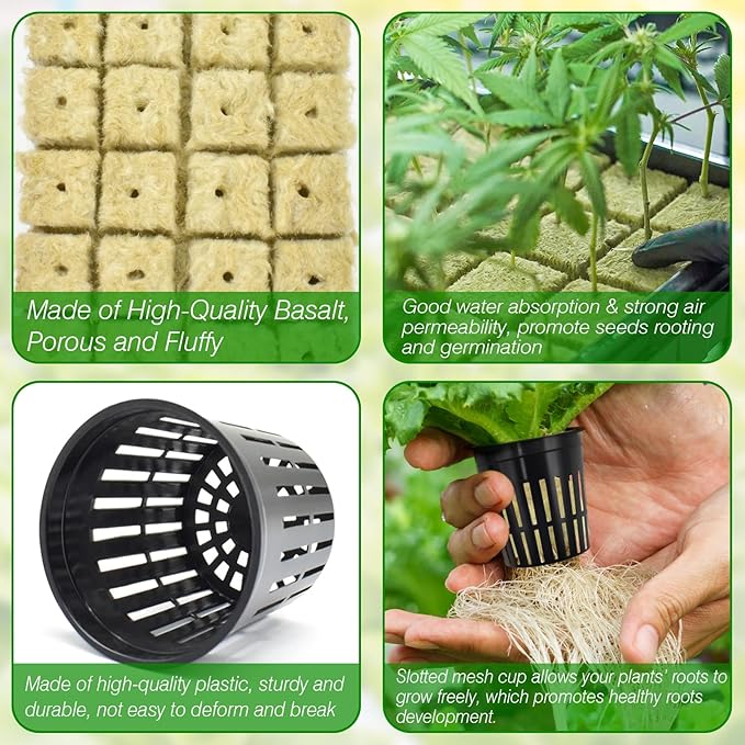 Halatool 36PCS 1.2-Inch Rockwool Cubes with 30PCS 2-Inch Net Cups for Hydroponics Great Hydroponic Kit for Cuttings Clone Plant Propagation Seed Starting & Soilless Cultivation