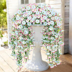 Artificial Hanging Flowers for Outdoors, 2 PCS 300 Blooms UV Resistant Morning Glory Faux Silk Vines, No-Odor Realistic Fake Plants for Garden Planter Porch Patio Decoration, Blue & White