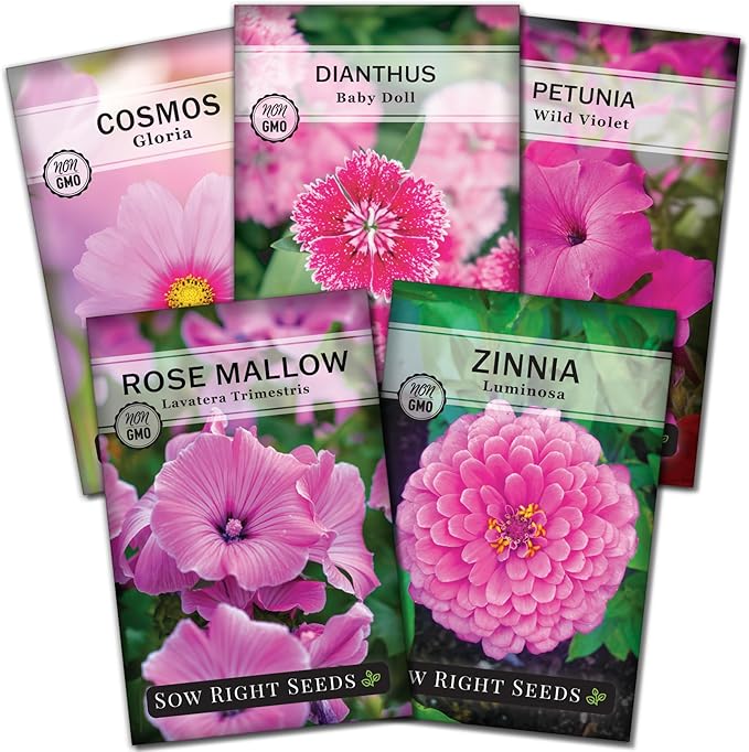 Sow Right Seeds - Collection of Pink Flower Seeds for Planting - Non-GMO Heirloom Packets with Instructions - Wonderful Rosy Blooms to Attract Pollinators - Cut and Come Again - Rare Varieties