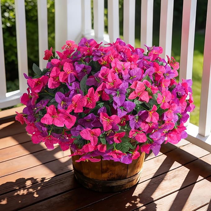 Bougainvillea Artificial Flowers for Outdoors Summer Decor, 4 Bundles Realistic Bougainvillea Fake Silk Outside Flowers UV Resistant Faux Plants for Outdoor Planters Porch Patio Window Garden, Fuchsia