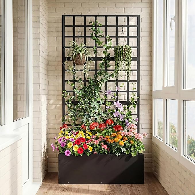 Giantex Metal Raised Garden Bed with Trellis, 36" x 16" x 77" Galvanized Planter Box w/Drainage Holes for Climbing Plants Vegetables Flowers, Outdoor Privacy Screen for Patio Backyard Balcony,
