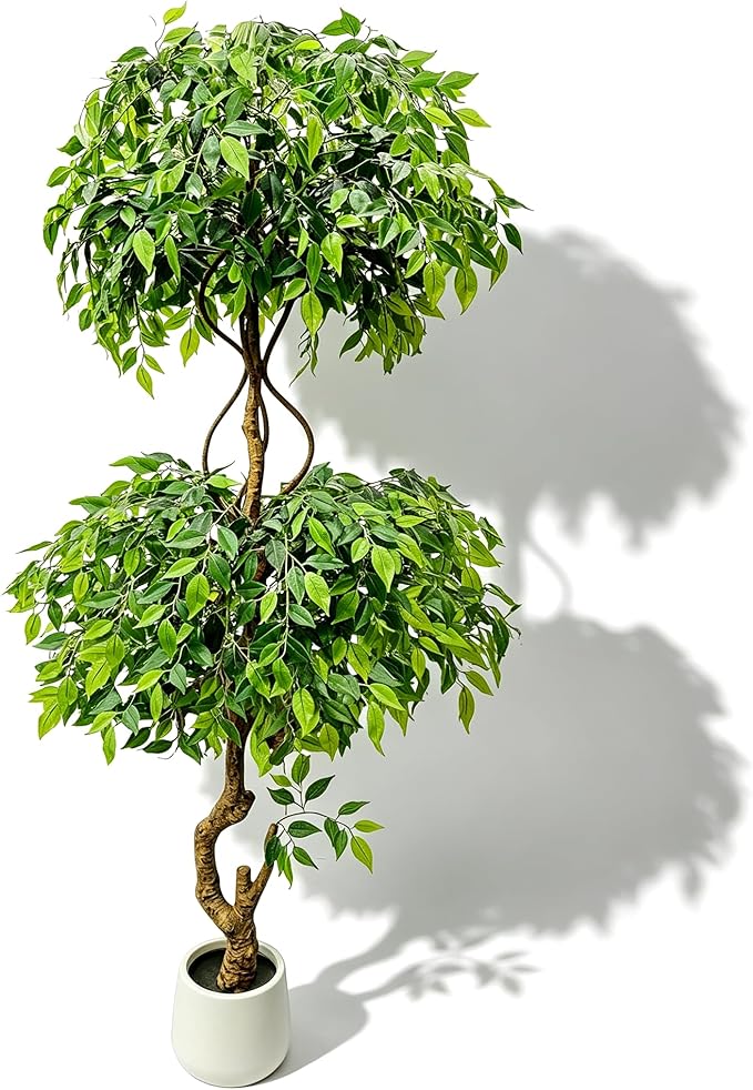 7FT Artificial Ficus Tree with White Planter, Lush Faux Ficus Tree with Adjustable Branches, Realistic Indoor Trees Artificial for Home Living Room Office Porch Garden Decor