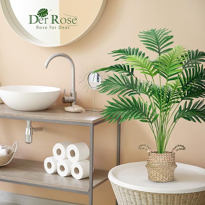 Der Rose Fake Palm Tree 28Inch Faux Plant Potted Tall Fake Plant with Hand-Woven Baskets Artificial Tree for Indoor Outdoor Home Office Bedroom Porch Balcony Decor