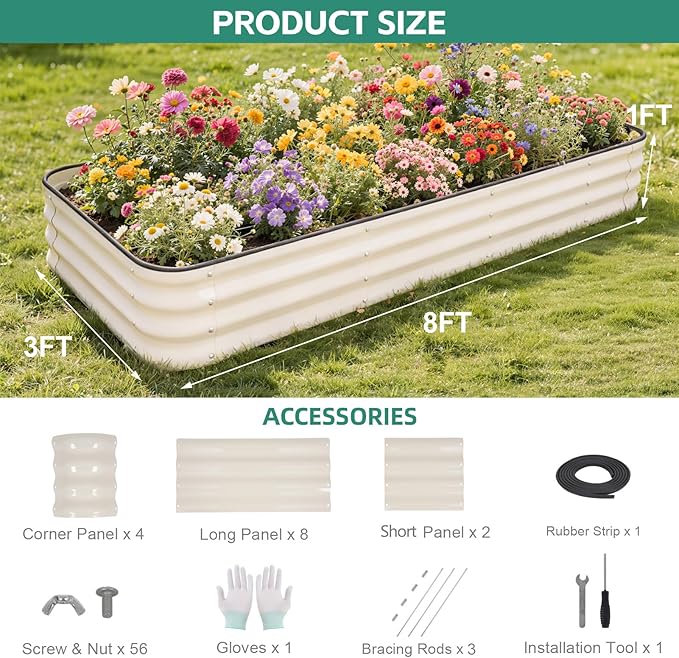 5 in 1Galvanized Raised Garden Bed - 8x3x1ft Modular Garden Planter Bed Outdoor | Steel Raised Bed Kit with Bracing Rods, Gloves for Gardening Vegetables Fruits and Flowers (White)