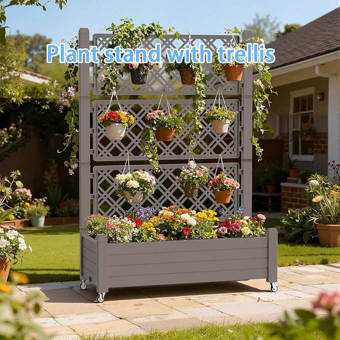Mobile Elevated Planter Box with Trellis 3-Tier Lattice Trellis Planter with Rolling Wheels Outdoor Raised Garden Bed for Climbing Plants Vegetables and Flowers