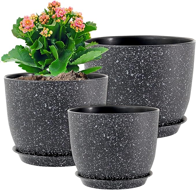WSMKSZ Large Flower Pots 12/10/9 inch, Set of 3 Modern Decorative Plastic Planters with Drainage Holes and Saucers for Garden House Plants, Plant Pots for Indoor Outdoor Plants, Speckled White