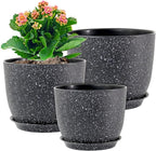 WSMKSZ Plant Pots 10/9/8 inch, Set of 3 Modern Decorative Plastic Planters with Drainage Holes and Saucers for Garden House Plants, Flower Pots for Indoor Outdoor Plants, Speckled Black