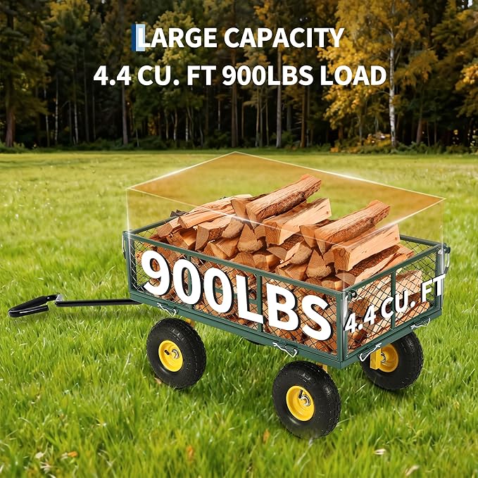900 lbs Heavy Duty Steel Garden Cart, Garden Wagon Cart on Wheels, Outdoor Metal Yard Utility Wagon Carts with and Mesh Removable Sides and 180°Rotating Handle,Green