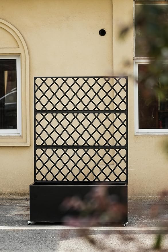IDEAHOUSE Steel Raised Garden Bed w/Trellis & Privacy Screen - 71x35x16 in Planter Box w/Lockable Casters, Drainage Holes for Vines, Vegetables on Patio, Deck, Yard, Black