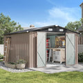 Aoxun 10x12 FT Galvanized Steel Outdoor Storage Shed with Base, Lockable Door & Sloped Roof, Metal Storage Shed Waterproof Tool Storage House for Garden, Backyard, Patio, Poolside (Brown)