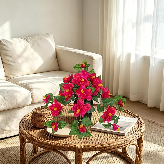 Briful Artificial Hanging Hibiscus Flowers Potted Plant – Faux Tropical Hibiscus with Silk Petals & Lush Leaves – Black Square Pot – Hot Pink Fake Flower for Indoor Outdoor Porch Patio Decor