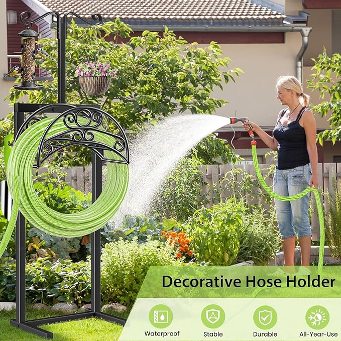 TomCare Garden Hose Holder Upgraded Water Hose Holder Heavy Duty 4 Spikes Hose Hanger Holds 160 Feet Hoses Stable Freestanding Hose Storage Organizer for Outside Yard